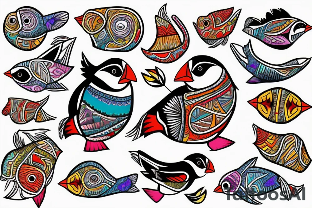 Puffin bird with colorful mola art inside tattoo idea