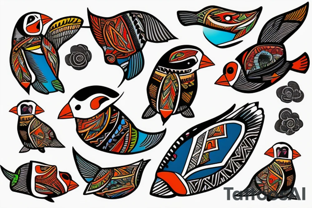 Puffin bird with colorful mola art inside tattoo idea