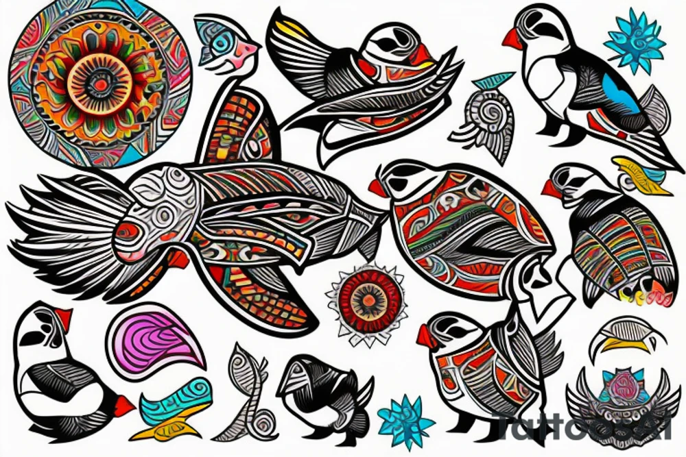Puffin bird with colorful mola art inside tattoo idea