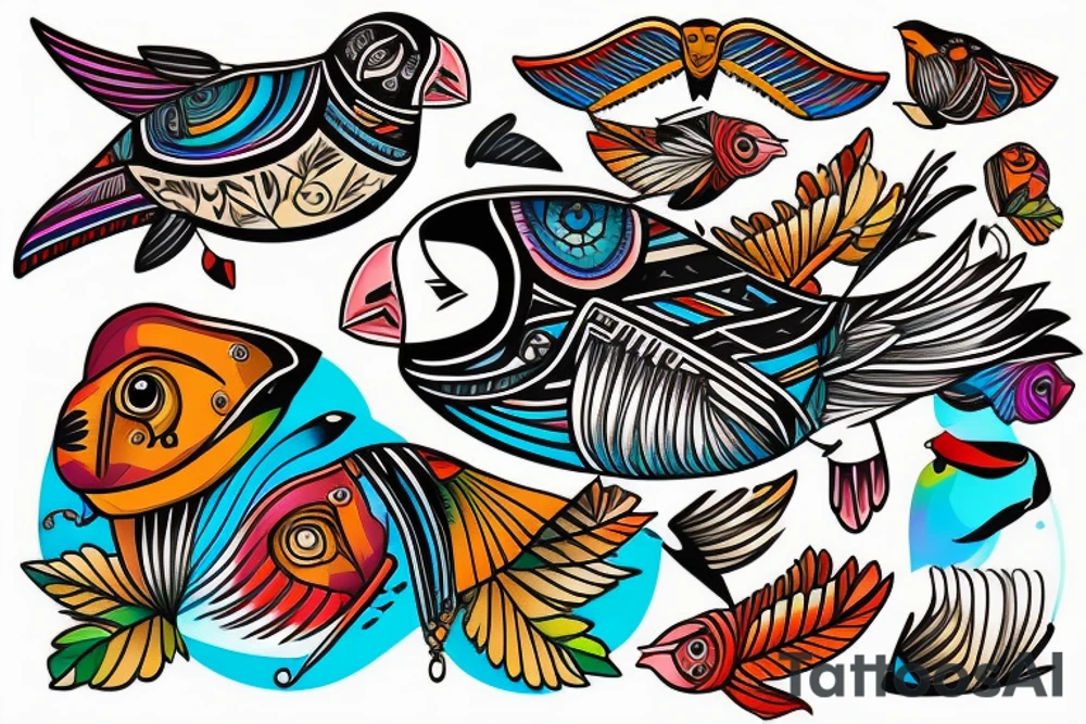 Puffin bird with colorful mola art inside tattoo idea