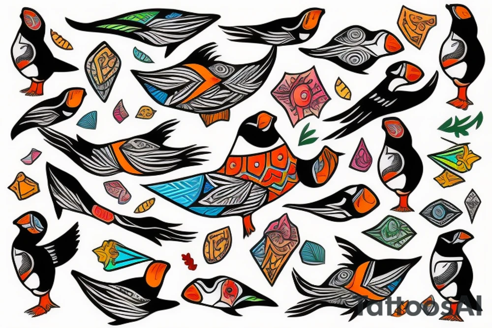 Puffin bird with colorful mola art inside tattoo idea