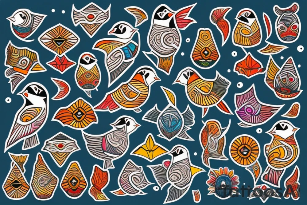 Puffin bird with colorful mola art inside tattoo idea