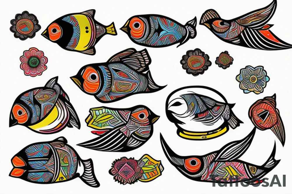 Puffin bird with colorful mola art inside tattoo idea