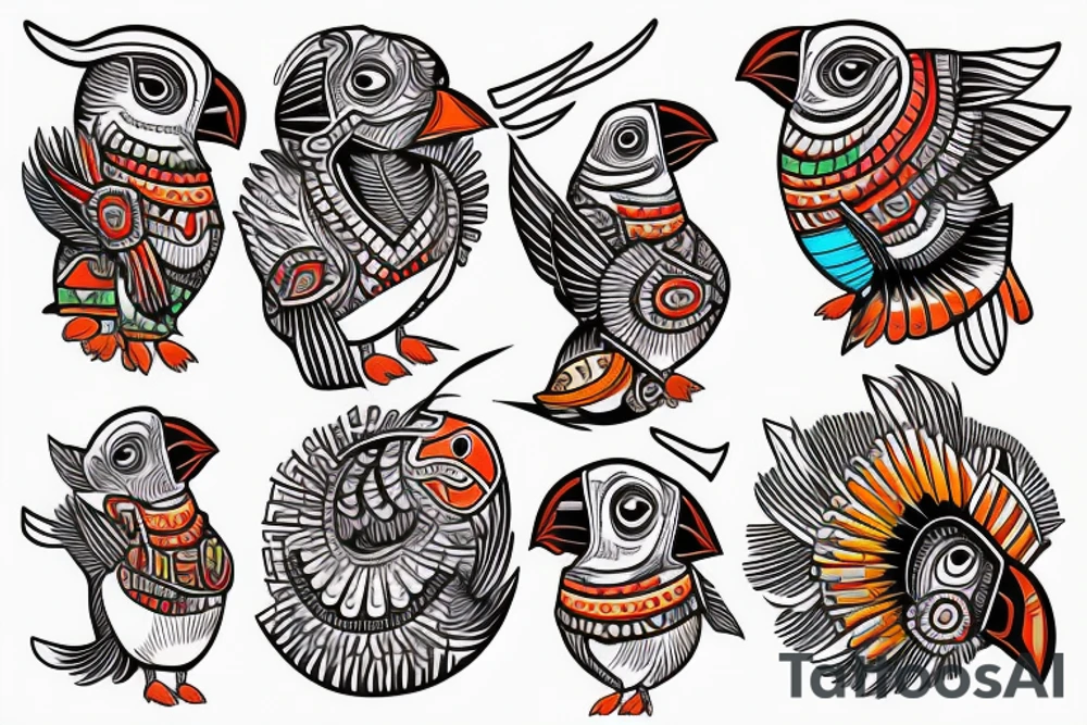 Puffin bird with colorful mola art inside tattoo idea