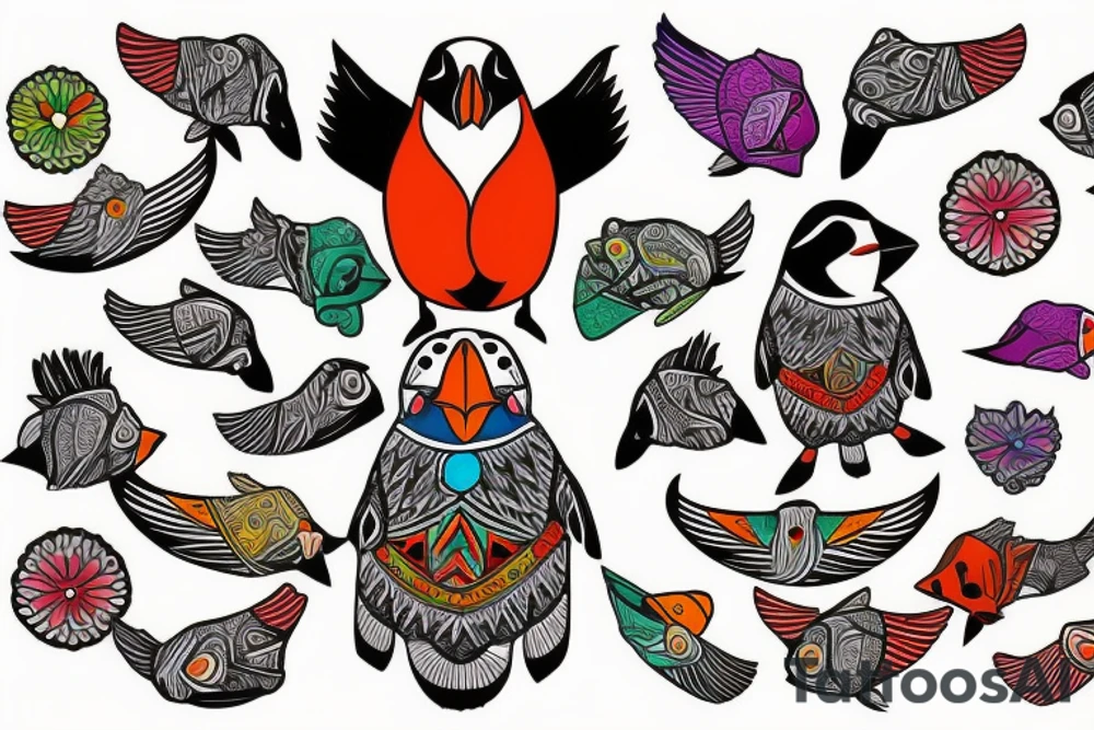 Puffin bird with colorful mola art inside tattoo idea