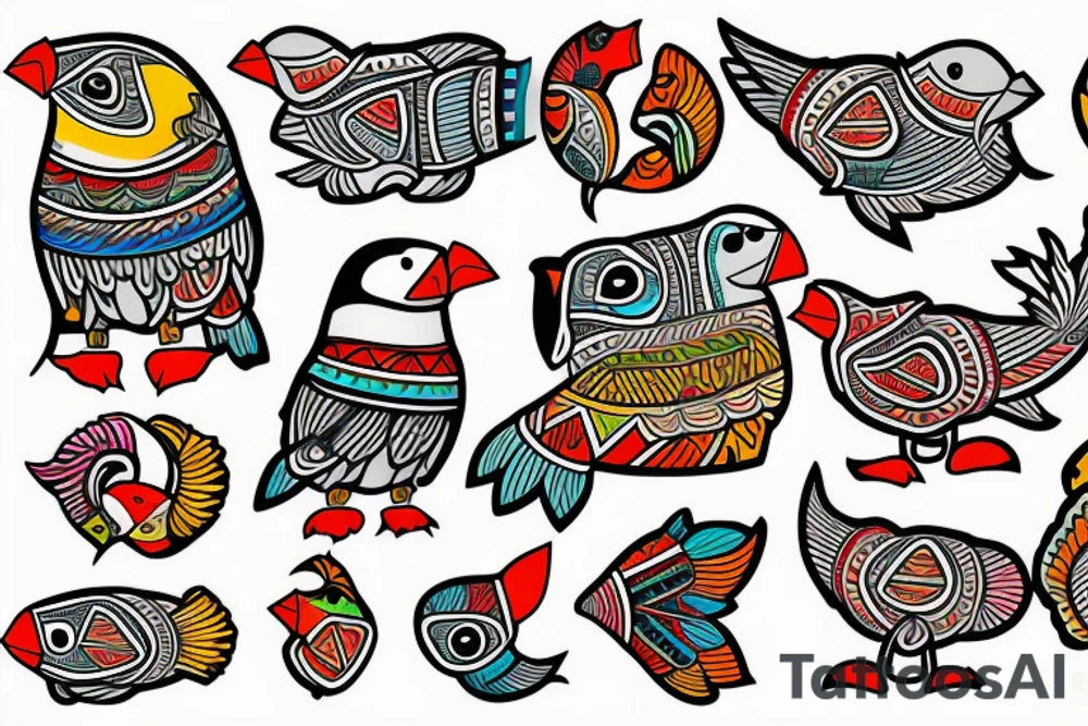 Puffin bird with colorful mola art inside tattoo idea