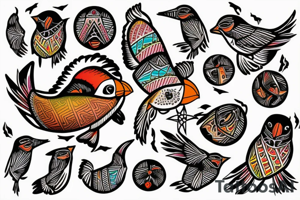 Puffin bird with colorful mola art inside tattoo idea