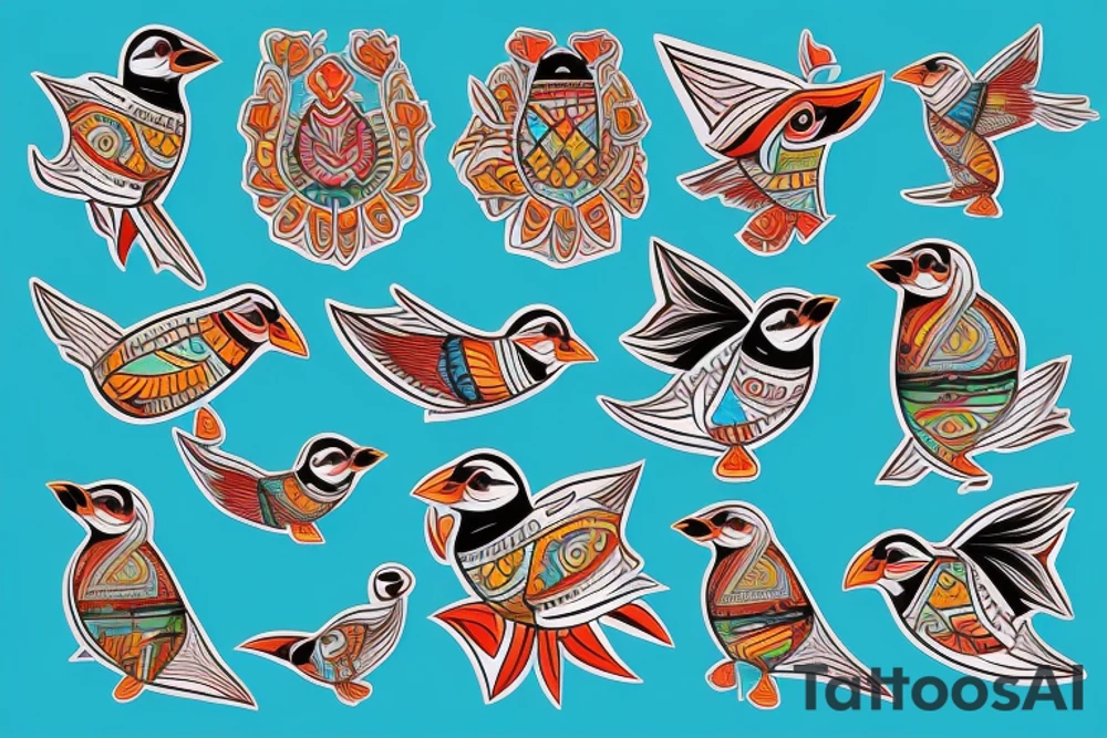 Puffin bird with colorful mola art inside tattoo idea