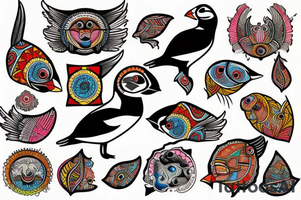 Puffin bird with colorful mola art inside tattoo idea
