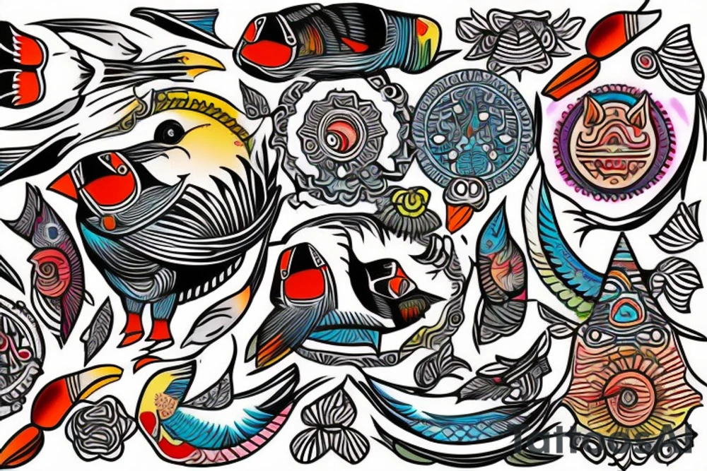Puffin bird with colorful mola art inside tattoo idea