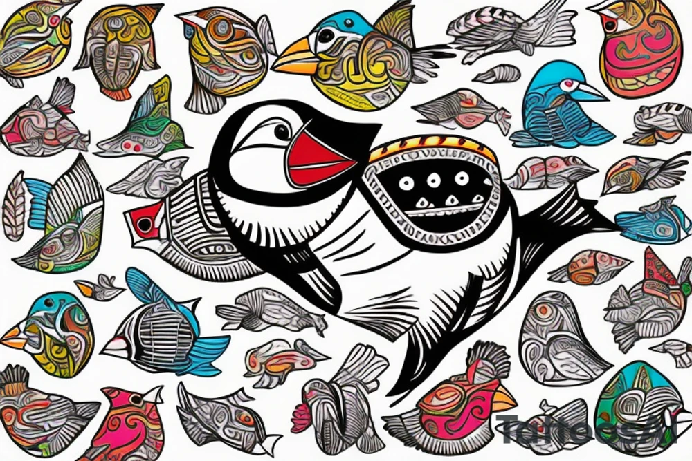 Puffin bird with colorful mola art inside tattoo idea