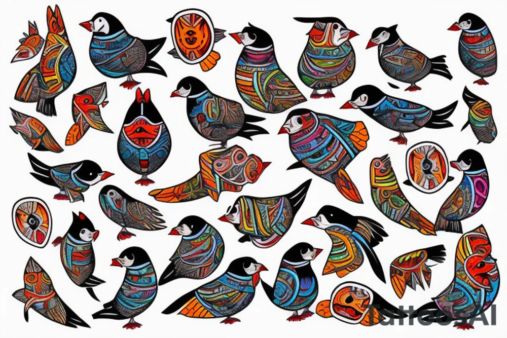Puffin bird with colorful mola art inside tattoo idea