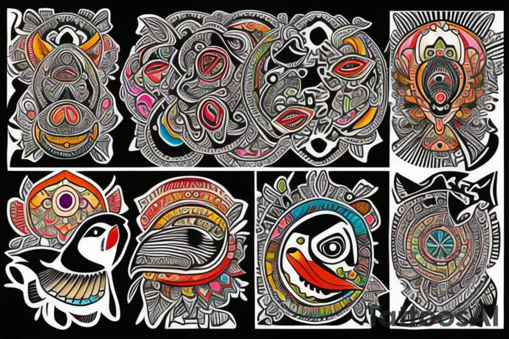 Puffin bird with colorful mola art inside tattoo idea