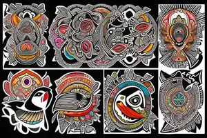 Puffin bird with colorful mola art inside tattoo idea