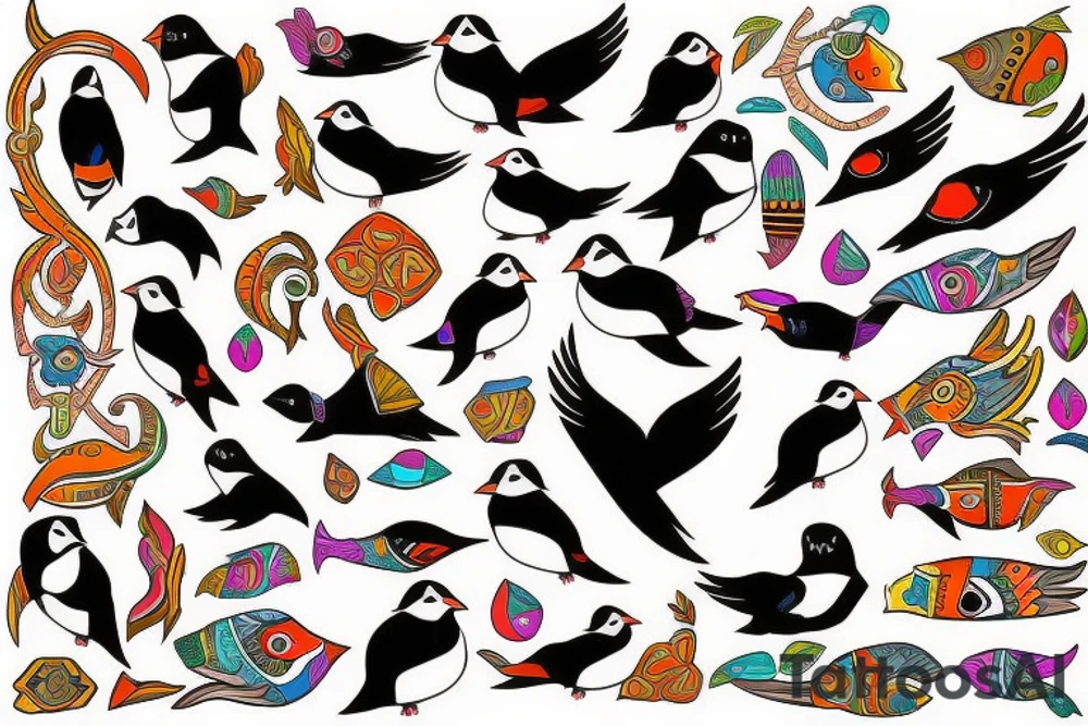 Puffin bird with colorful mola art inside tattoo idea