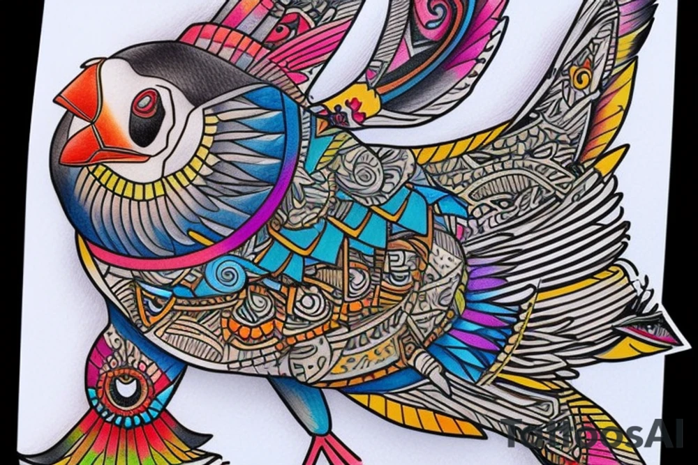 Puffin bird with colorful mola art inside tattoo idea