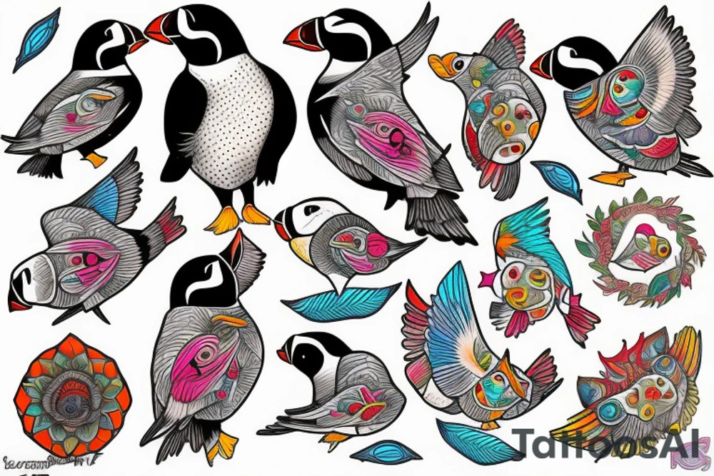 Puffin bird with colorful mola art inside tattoo idea
