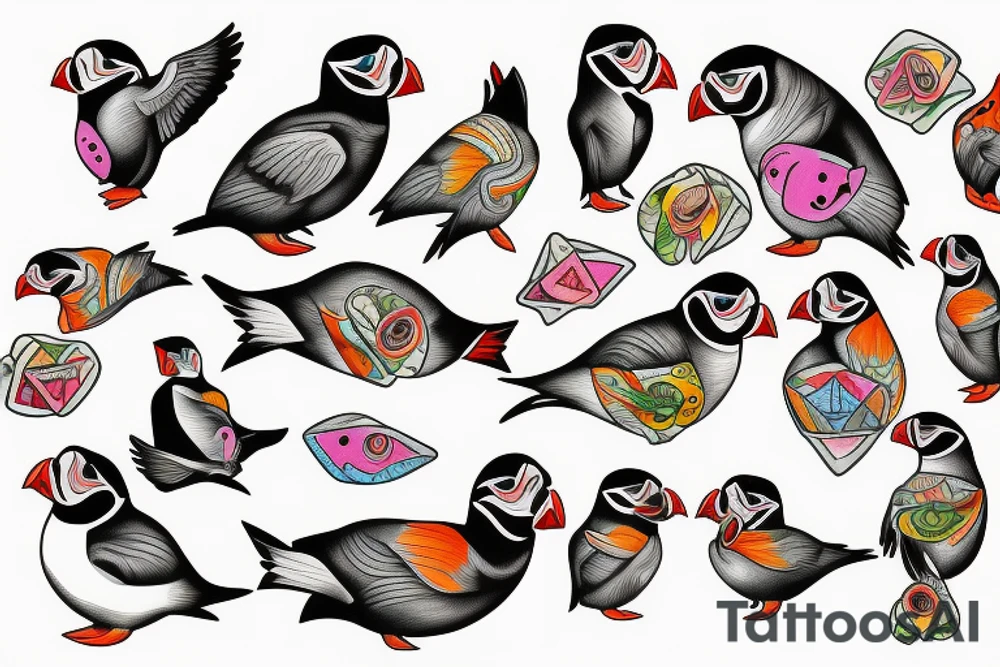 Puffin bird with colorful mola art inside tattoo idea