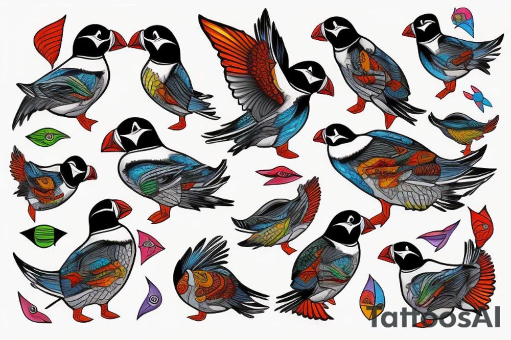 Puffin bird with colorful mola art inside tattoo idea