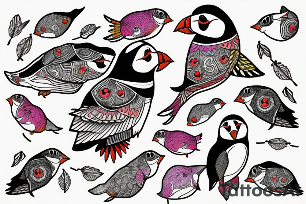 Puffin bird with colorful mola art inside tattoo idea