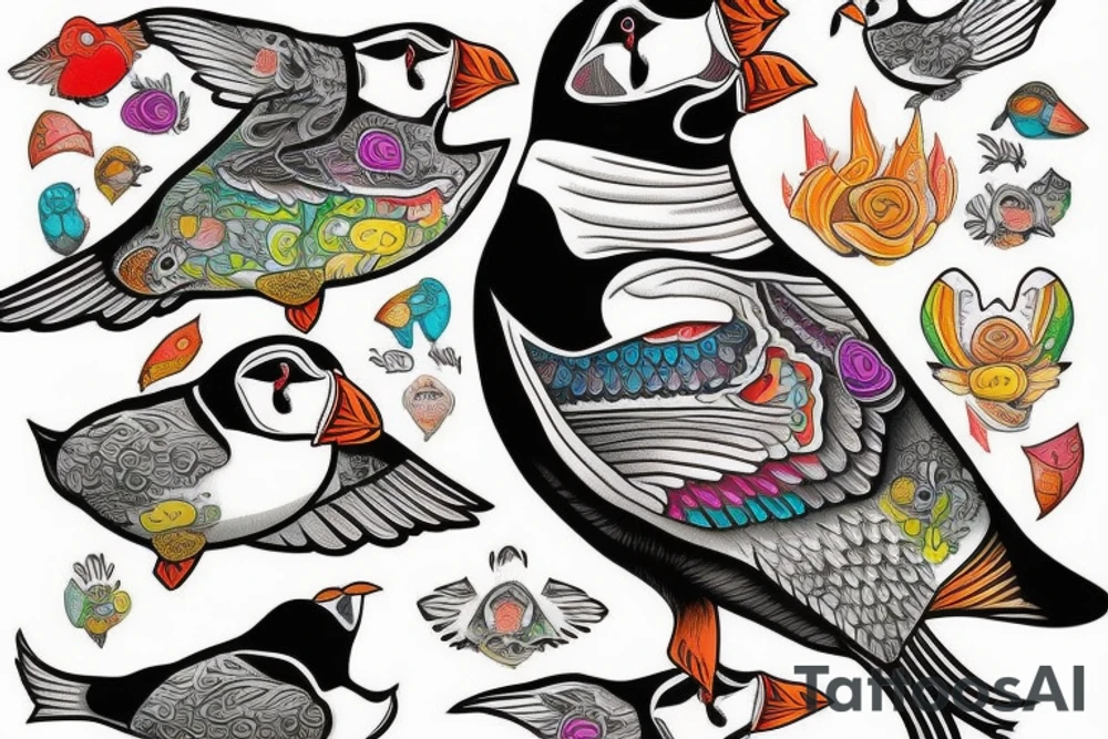 Puffin bird with colorful mola art inside tattoo idea