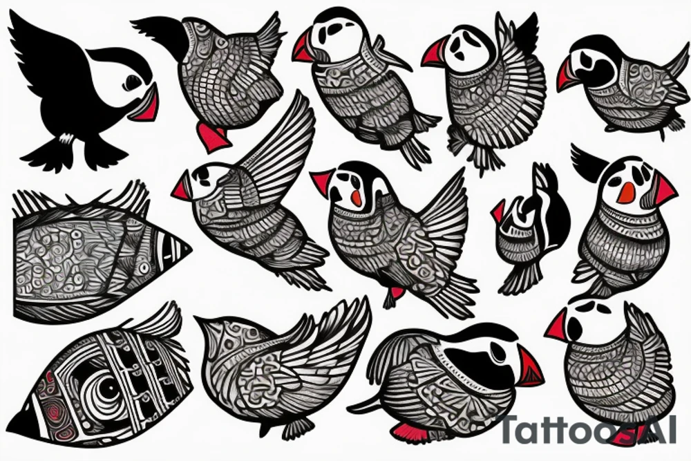 Puffin bird with colorful mola art inside tattoo idea