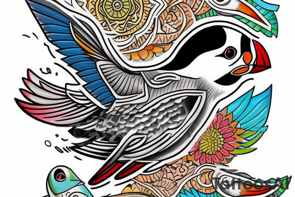 Puffin bird with colorful mola art inside tattoo idea