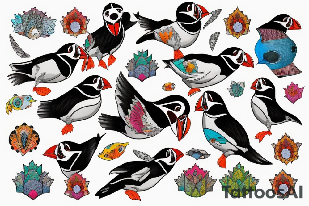 Puffin bird with colorful mola art inside tattoo idea