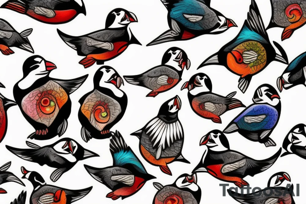 Puffin bird with colorful mola art inside tattoo idea