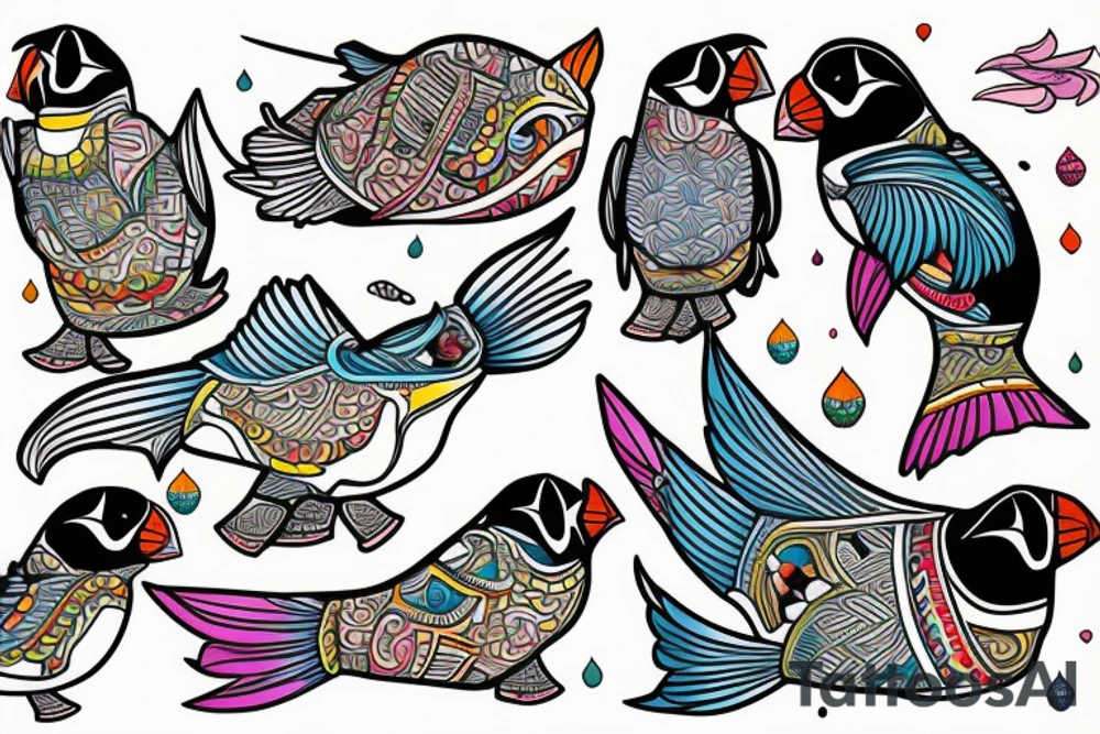 Puffin bird with colorful mola art inside tattoo idea