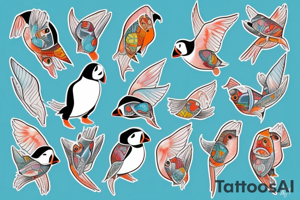 Puffin bird with colorful mola art inside tattoo idea