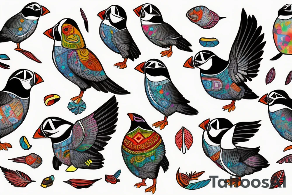 Puffin bird with colorful mola art inside tattoo idea