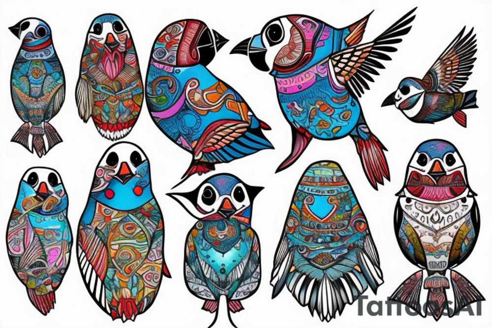 Puffin bird with colorful mola art inside tattoo idea