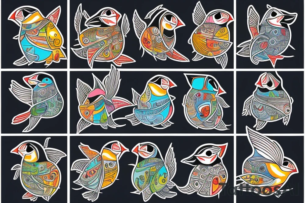 Puffin bird with colorful mola art inside tattoo idea
