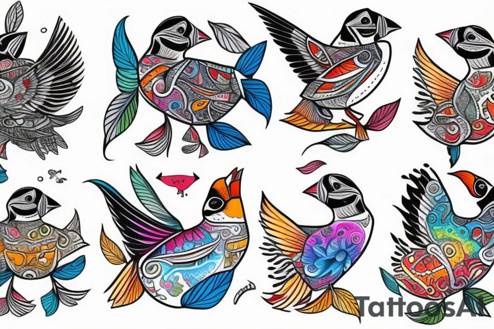 Puffin bird with colorful mola art inside tattoo idea