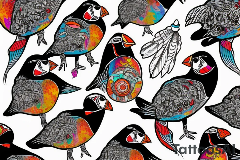 Puffin bird with colorful mola art inside tattoo idea