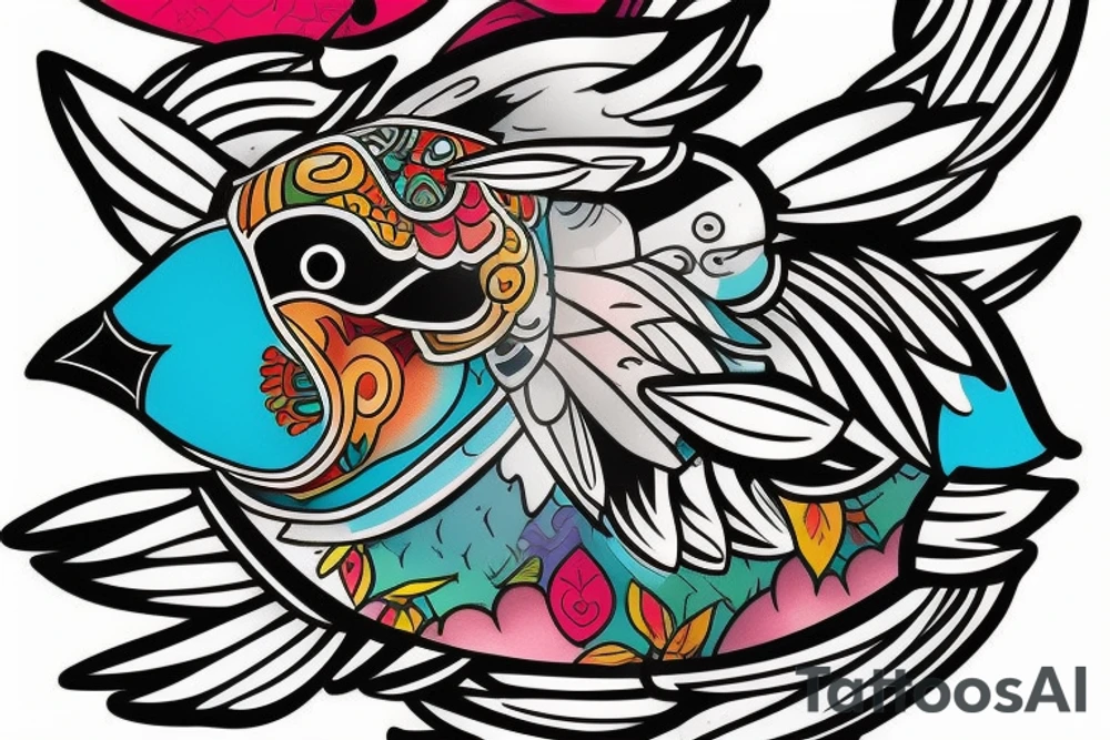 Puffin bird with colorful mola art inside tattoo idea