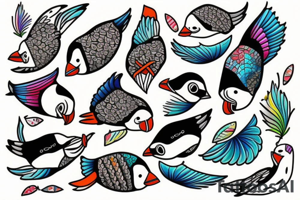 Puffin bird with colorful mola art inside tattoo idea
