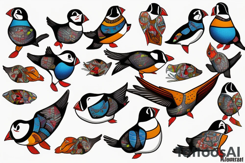 Puffin bird with colorful mola art inside tattoo idea