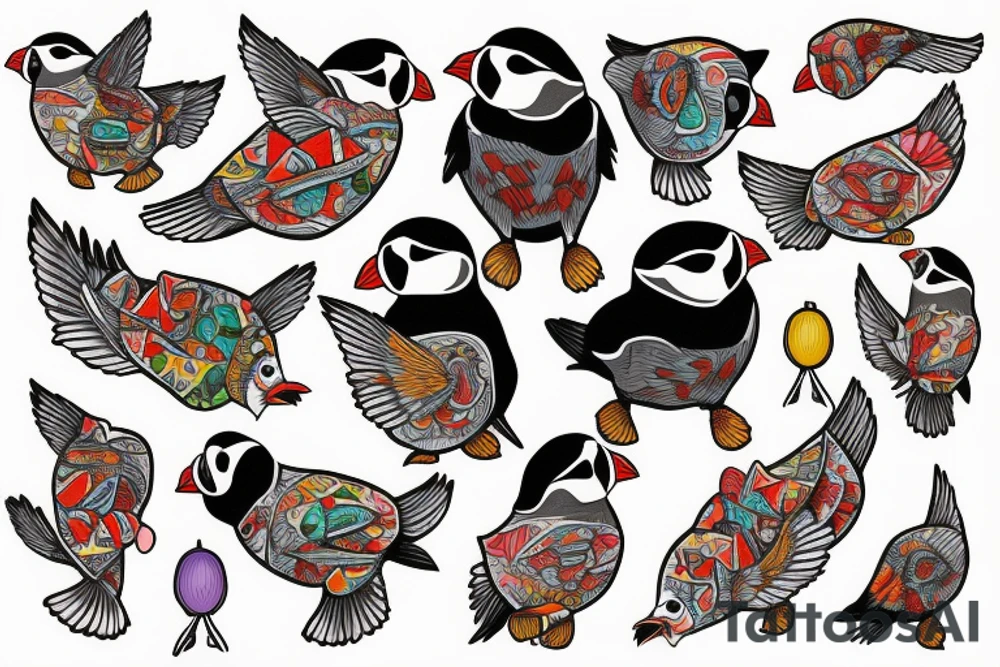 Puffin bird with colorful mola art inside tattoo idea