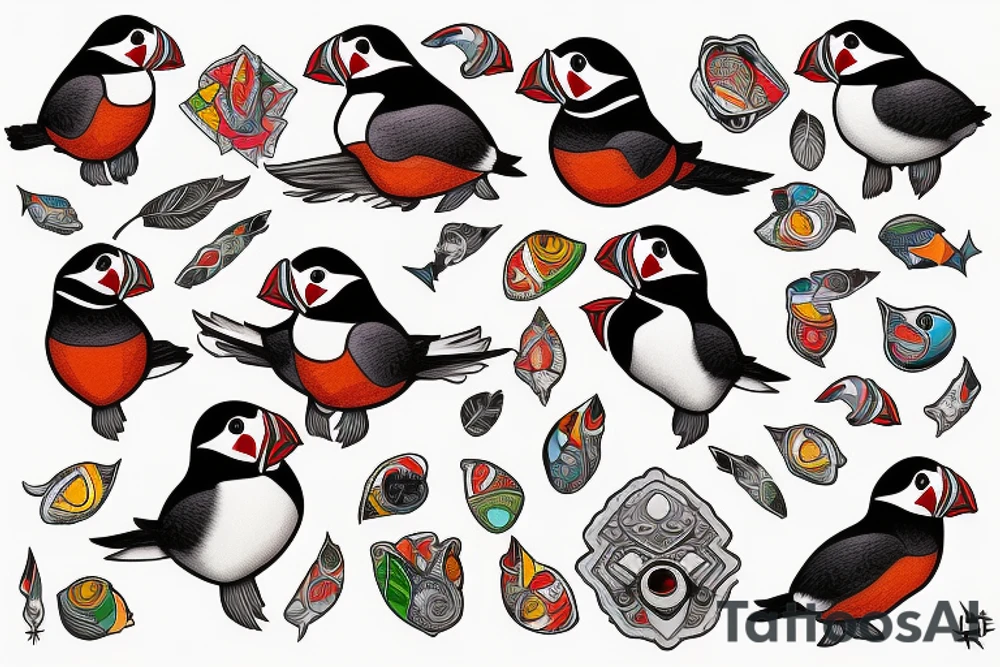 Puffin bird with colorful mola art inside tattoo idea