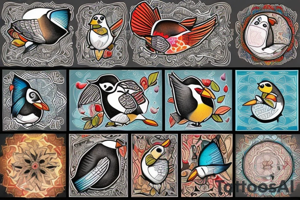 Puffin bird with colorful mola art inside tattoo idea