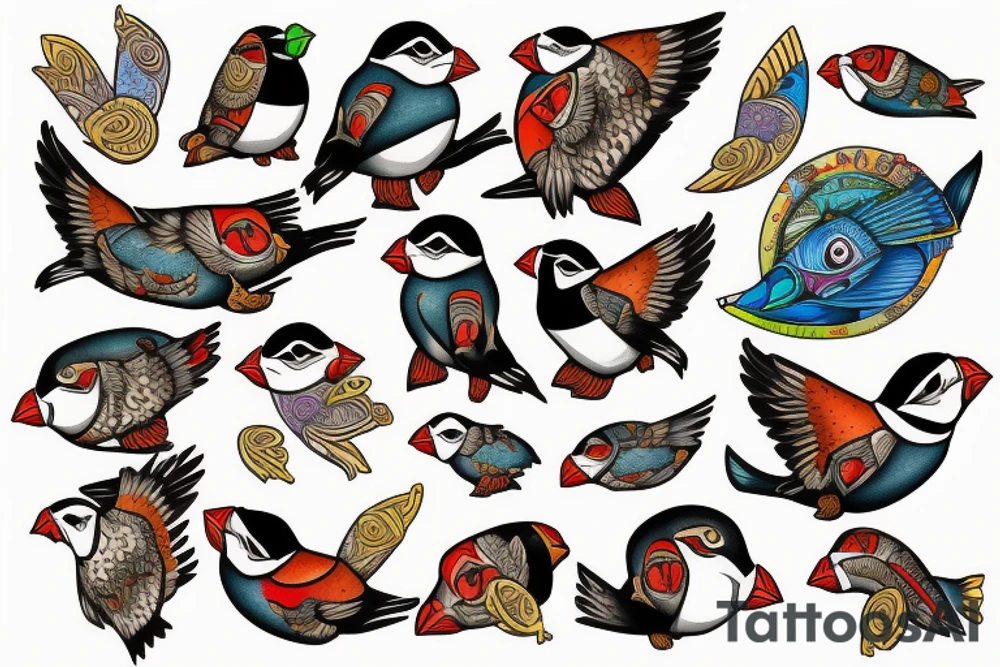 Puffin bird with colorful mola art inside tattoo idea