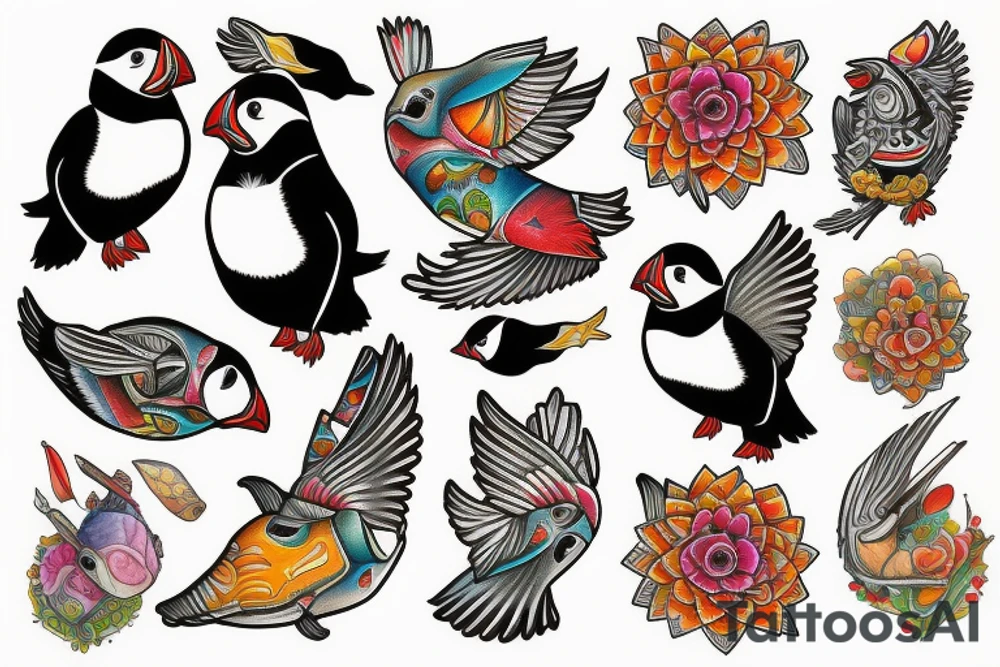 Puffin bird with colorful mola art inside tattoo idea