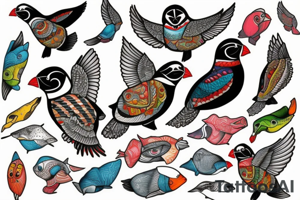 Puffin bird with colorful mola art inside tattoo idea