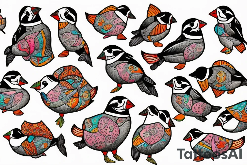 Puffin bird with colorful mola art inside tattoo idea