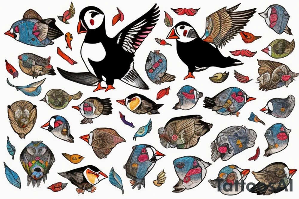 Puffin bird with colorful mola art inside tattoo idea