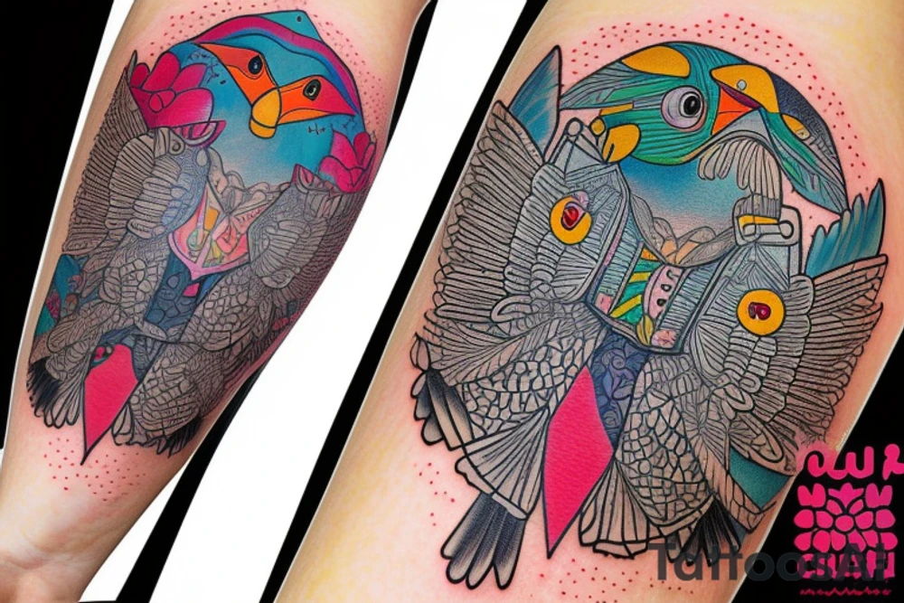 Puffin bird with colorful mola art inside tattoo idea