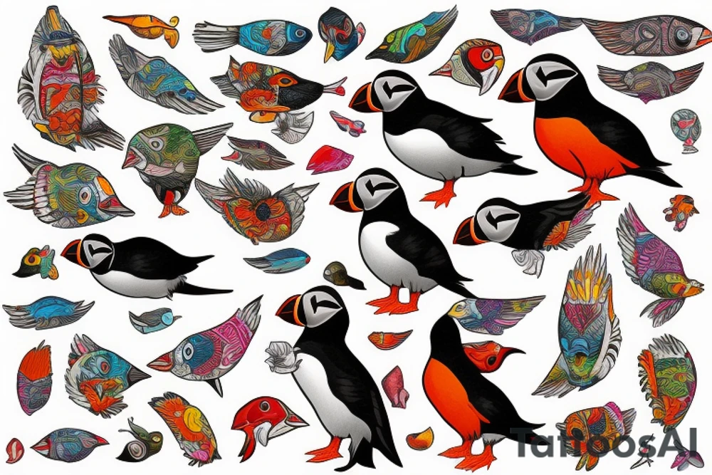 Puffin bird with colorful mola art inside tattoo idea
