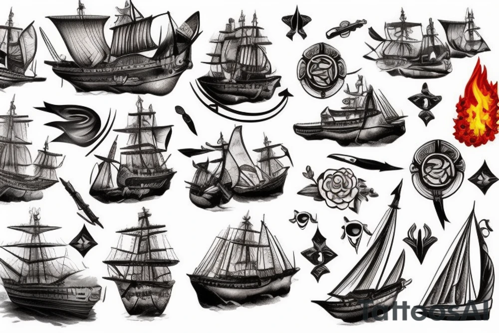 Spanish ship on fire tattoo idea